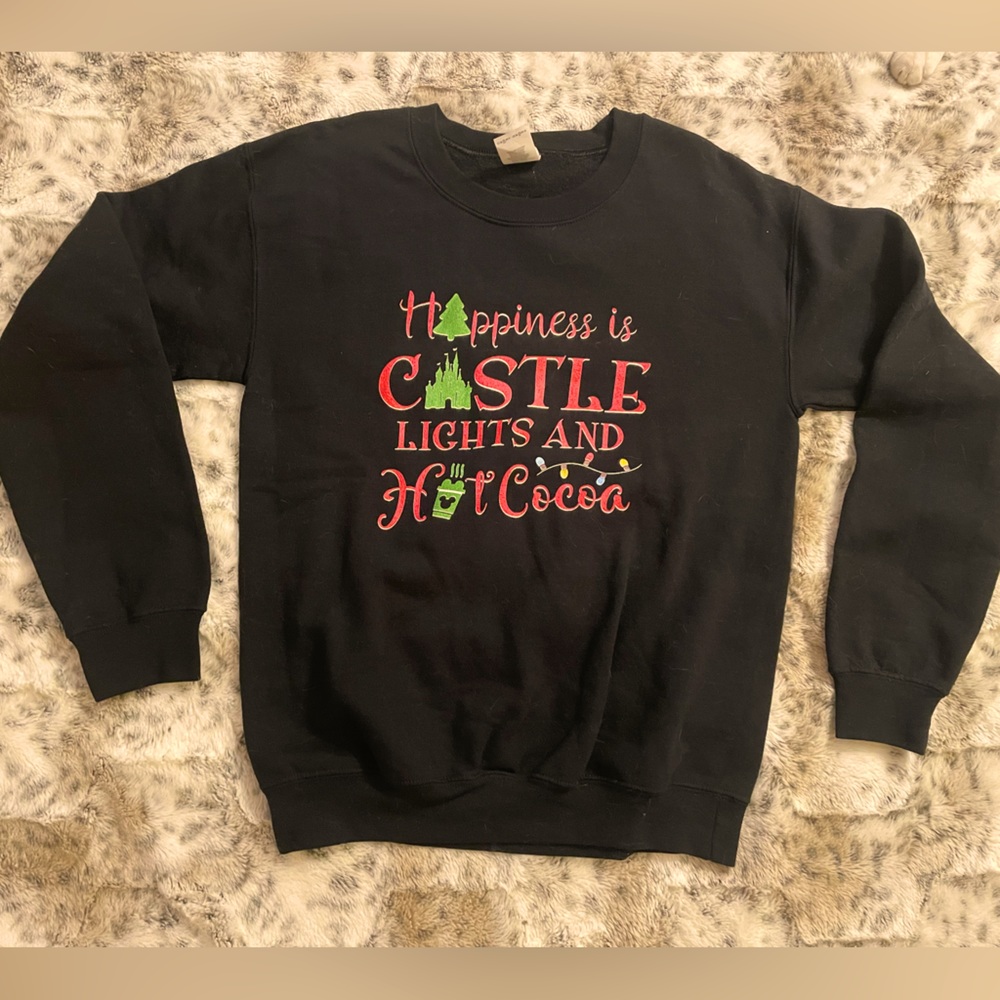 Disney Black Festive Christmas Castle Cocoa Crewneck Pullover Sweatshirt